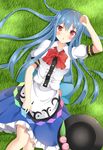  arm_at_side arm_over_head bad_id bad_pixiv_id black_hat blue_hair blue_skirt food frills fruit grass hat hat_removed headwear_removed hinanawi_tenshi long_hair looking_at_viewer lying on_back peach puffy_short_sleeves puffy_sleeves red_eyes ro-ichi shirt short_sleeves skirt skirt_set solo touhou white_shirt 