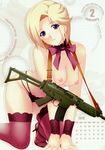  1girl all_fours areolae arm_support assault_rifle bare_shoulders battle_rifle bow breasts calendar february female gun head_tilt highres hips light_smile looking_at_viewer mound_of_venus muvluv photoshop rifle short_hair solo stella_bremer weapon 