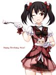  black_hair blush bow cake character_name food gloves hair_bow happy_birthday kira-kira_sensation! looking_at_viewer love_live! love_live!_school_idol_project one_eye_closed open_mouth red_eyes short_hair skirt smile solo torigoe_takumi twintails yazawa_nico 