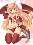  bikini blonde_hair blush bridal_gauntlets dragon_girl dragon_horns dragon_tail dragon_wings fang front-tie_bikini front-tie_top horns kneeling long_hair monster_girl navel open_mouth original paw_pose pointy_ears red_eyes red_wings sasaame side-tie_bikini slit_pupils solo swimsuit tail wings 