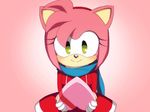  1girl amy_rose animated animated_gif candy dress eyes_closed female first_person_view green_eyes happy headband heart hedgehog looking_at_viewer mammal open_mouth pink_hair pov scarf sega short_hair smile solo sonic_(series) sonic_the_hedgehog unknown_artist valentine 