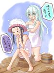  ^_^ akatsuki_(kantai_collection) bad_id bad_pixiv_id blush bucket closed_eyes hair_up hibiki_(kantai_collection) kantai_collection long_hair multiple_girls musouzuki naked_towel no_hat no_headwear open_mouth shampoo_hat silver_eyes silver_hair sitting smile soap_bubbles towel translation_request washing_hair 