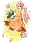  :d fairy_(jintai) green_eyes hat jinrui_wa_suitai_shimashita long_hair long_skirt looking_at_viewer nakada_rumi open_mouth pink_hair size_difference skirt skirt_lift smile watashi_(jintai) 