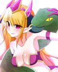  animal armlet armpits blonde_hair blush breasts cleavage collarbone demon_girl demon_horns highres horns large_breasts lilith_(p&amp;d) long_hair maccha_(matcha69) midriff open_mouth pink_eyes pointy_ears puzzle_&amp;_dragons scales simple_background smile snake solo tiara white_background 