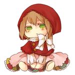  :3 axis_powers_hetalia belgium_(hetalia) blush bow brown_hair buttons chibi cloak colored_eyelashes cosplay dress frilled_dress frills full_body green_eyes hood hooded_cloak little_red_riding_hood little_red_riding_hood_(grimm) little_red_riding_hood_(grimm)_(cosplay) long_sleeves no_nose patches personification shoes short_hair simple_background sitting solo uniraisu white_background white_bow 