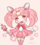  bishoujo_senshi_sailor_moon blush boots bow brooch chibi_usa choker double_bun elbow_gloves gloves hair_ornament hairpin heart heart_background holding holding_wand jewelry knee_boots lalala222 magical_girl pink_choker pink_footwear pink_hair pink_moon_stick pink_sailor_collar pink_skirt pleated_skirt red_eyes ribbon sailor_chibi_moon sailor_collar sailor_senshi_uniform short_hair skirt smile solo thigh_gap tiara twintails wand white_background white_gloves 