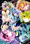  4girls :p braid detached_sleeves film_strip goggles green_hair gumi hatsune_miku headphones highres ia_(vocaloid) kagamine_len kagamine_rin long_hair looking_at_viewer multiple_girls open_mouth smile thighhighs tongue tongue_out twin_braids very_long_hair vocaloid yamako_(state_of_children) zettai_ryouiki 