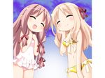  2girls blonde_hair blush chibi eyes_closed female matsubara_yuuna multiple_girls oda_nanami peko pink_hair shirakawa_sayuki smile sono_hanabira_ni_kuchizuke_wo swimsuit 