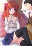  1girl ? black_legwear blush bow cameo frilled_pillow frills gekkan_shoujo_nozaki-kun gen_1_pokemon hair_bow highres imagining kazenokaze long_hair nozaki_umetarou orange_hair panties pantyshot pantyshot_(sitting) pillow pokemon pokemon_(creature) polka_dot polka_dot_bow psyduck purple_eyes rouman_academy_uniform sakura_chiyo school_uniform signature sitting skirt tears thighhighs translated underwear white_panties 