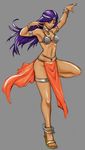  anklet armlet arms_up belt bracelet breasts choker circlet cleavage dark_skin dragon_quest dragon_quest_iv ds_(ds310) earrings grey_background grin highres jewelry legs loincloth long_hair looking_at_viewer manya medium_breasts pelvic_curtain purple_eyes purple_hair sandals smile solo 