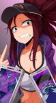  absurdres akali angry baseball_cap black_eyes black_panties breasts brown_hair cellphone cleavage clenched_teeth commentary crop_top cropped_jacket double_handjob erection face_mask fangs glowing half-closed_eyes handjob hat highres idol inverted_colors k/da_(league_of_legends) k/da_akali large_breasts league_of_legends mask middle_finger midriff navel nipples panties panties_aside penis phone ponytail pussy rolling_eyes sex smartphone solo_focus spread_legs teeth underwear vaginal yellow_eyes 