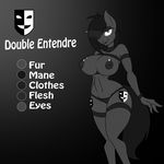  anthro anthrofied big_breasts black_hair breasts cutie_mark double_entendre_(character) earth_pony elbow_gloves english_text equine female fishnet fishnet_stocking gloves gray_theme grey_eyes hair horse jrvanesbroek looking_at_viewer mammal model_sheet my_little_pony navel original_character panties pony solo standing text underwear 