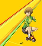  bicycle brown_eyes brown_hair bug grasshopper green_jacket ground_vehicle highres houndstooth insect jacket loafers miniature persona persona_4 riding satonaka_chie scared school_uniform shoes short_hair skirt socks solo track_jacket unsomnus 