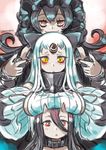  bags_under_eyes battleship_hime black_hair breast_rest breasts breasts_on_head frills gothic_lolita horn horns isolated_island_oni kantai_collection kurono_tokage large_breasts lolita_fashion long_hair multiple_girls red_eyes seaport_hime shinkaisei-kan smile yellow_eyes 