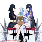  1boy 2girls bad_id bad_tumblr_id black_hair blue_eyes blush boots crossed_arms cup dark_skin dress epaulettes eyebrows gamagoori_ira hair_ornament hairclip highres human_furniture junketsu kill_la_kill kiryuuin_satsuki long_hair matoi_ryuuko multiple_girls pillow raechelpapaya school_uniform senketsu serafuku shoes short_hair sitting_on_shoulder size_difference skirt sneakers spikes suspenders teacup teapot thick_eyebrows thigh_boots thighhighs very_long_hair 