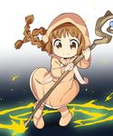  bangs blunt_bangs boots braid brown_eyes brown_hair child cloak collarbone full_body gradient gradient_background highres holding hood kukuri long_hair looking_down magic_circle mahoujin_guruguru neibii smile solo staff twin_braids 