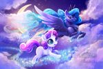  blue_eyes blue_hair cloud crown duo equine eyeshadow female flying flying-fox friendship_is_magic green_eyes hair horn makeup mammal moon my_little_pony necklace night outside princess_luna_(mlp) purple_hair sparkles stars sweetie_belle_(mlp) tsaoshin unicorn winged_unicorn wings 