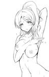  arm_up armpits ayase_eli between_breasts breasts collarbone empty_eyes greyscale half-closed_eyes hand_between_breasts hirowa_nagi large_breasts love_live! love_live!_school_idol_project monochrome nipples nude open_mouth ponytail scrunchie solo upper_body 