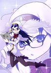  adjusting_eyewear blue_eyes blue_hair book boots bow capelet glasses kneeling long_hair magical_girl mahou_shoujo_kazumi_magica mahou_shoujo_madoka_magica misaki_umika open_mouth pantyhose solo veil weapon yukimura_kaname 