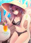  aosuna bikini drink hands_on_headwear hat highres kajiki_yumi navel purple_hair red_eyes saki straw_hat sun_hat swimsuit tropical_drink 