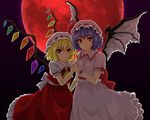 ascot bat_wings blonde_hair blue_hair collared_shirt dress flandre_scarlet full_moon gradient gradient_background grey_background hands_clasped hands_together hat hat_ribbon highres light_smile looking_at_viewer mob_cap moon multiple_girls own_hands_together puffy_short_sleeves puffy_sleeves red_dress red_eyes red_moon remilia_scarlet ribbon ribbon-trimmed_sleeves ribbon_trim ringed_eyes shirt short_hair short_sleeves side_ponytail simple_background skirt smile toriaezu_shouyu touhou upper_body vest wings 