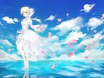  aldnoah.zero asseylum_vers_allusia bad_id bad_pixiv_id barefoot blonde_hair blush breasts cleavage cloud day dress frills green_eyes horizon jewelry jusc0 leg_up long_hair long_sleeves looking_at_viewer medium_breasts necklace petals puffy_sleeves reflection salt_flats sky smile solo wading water white_dress wide_sleeves 