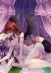  areola_slip areolae bat_wings black_legwear blush book breast_press breasts closed_eyes commentary crescent drooling garter_straps hat head_wings highres koakuma large_breasts legs long_hair lying medium_breasts mimoto_(aszxdfcv) multiple_girls patchouli_knowledge purple_hair red_eyes red_hair see-through sleeping star thighhighs touhou wings yuri 