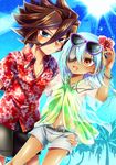  blue_eyes blue_hair bracelet brown_eyes brown_hair day eyepatch eyewear_on_head flower genda_koujirou hair_flower hair_ornament hand_on_another's_hip inazuma_eleven inazuma_eleven_(series) jewelry light_smile long_hair male_focus moegi_(honey_122) multiple_boys navel necklace open_mouth palm_tree sakuma_jirou shorts sky sunglasses thigh_gap tree 