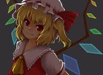  ascot blonde_hair dress flandre_scarlet grey_background hat hat_ribbon looking_at_viewer mob_cap red_dress red_eyes ribbon ringed_eyes shirt short_hair short_sleeves side_ponytail simple_background smile solo toriaezu_shouyu touhou upper_body vest wings 