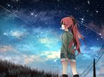  bad_id bad_pixiv_id bow denim denim_shorts hair_bow hood hoodie long_hair mahou_shoujo_madoka_magica night night_sky ponytail red_eyes red_hair sakura_kyouko shiina_kuro shorts sky solo 