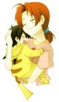  1girl closed_eyes hanako_(pokemon) heki_setsuna hug mother_and_son motherly open_mouth pajamas pokemon pokemon_(anime) satoshi_(pokemon) smile white_background younger 