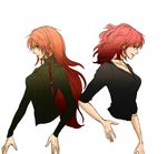  7_(nnnnnnnk) braid casual cropped_torso from_side hong_meiling long_hair long_sleeves multiple_girls onozuka_komachi pullover red_hair ribbed_sweater short_hair side_braid sideways_glance simple_background sweater touhou turtleneck white_background 