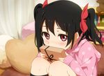  black_hair blush bow box covering_mouth gift gift_box hair_bow hair_ribbon hood hoodie kneehighs looking_at_viewer loungewear love_live! love_live!_school_idol_project ogipote polka_dot_hoodie red_eyes ribbon short_hair short_twintails sitting solo twintails yazawa_nico 