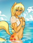  anthro anthrofied applejack_(mlp) blonde_hair blush breasts cutie_mark equine female freckles friendship_is_magic fur green_eyes hair horse long_hair mammal my_little_pony navel orange_fur outside pony solo the-unicorn-lord water wet 