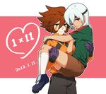  blue_eyes blue_hair brown_hair carrying dated eyepatch genda_koujirou gloves goalkeeper heart inazuma_eleven inazuma_eleven_(series) long_hair looking_at_viewer male_focus multiple_boys princess_carry red_eyes sakuma_jirou soccer_uniform sportswear suspect_(310mo) teikoku yaoi 