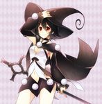  adjusting_clothes adjusting_hat argyle argyle_background arm_warmers black_hair breasts cape choker cross earrings hat jewelry kazumi_(kazumi_magica) kazune_rain magical_girl mahou_shoujo_kazumi_magica mahou_shoujo_madoka_magica medium_breasts navel red_eyes short_hair skirt smile solo underboob weapon witch_hat 