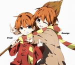  \m/ al_(ahr) blue_eyes broom brothers brown_coat character_name coat double_\m/ fred_weasley george_weasley grin harry_potter highres multiple_boys one_eye_closed orange_hair red_coat scarf shared_scarf siblings smile twins younger 