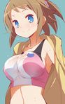  9law blue_background blue_eyes breasts brown_hair gundam gundam_build_fighters gundam_build_fighters_try hoshino_fumina jacket large_breasts looking_at_viewer midriff simple_background solo spandex sports_bra sweat 