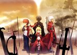  3boys archer bandaged_arm bandages black_hair blonde_hair blue_pants dark_skin dress emiya_kiritsugu emiya_shirou fate/kaleid_liner_prisma_illya fate/stay_night fate/zero fate_(series) field_of_blades formal gears hand_on_own_chest heaven's_feel illyasviel_von_einzbern jacket long_hair multiple_boys pants planted_sword planted_weapon polearm red_eyes red_hair red_jacket spear suit sword unlimited_blade_works weapon white_hair 