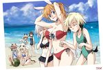  6+girls :d ^_^ agahari animal_ears armpits arms_behind_head arms_up bandeau beach bikini bikini_skirt binoculars black_hair blonde_hair blush breasts brown_hair bunny_ears charlotte_e_yeager cleavage closed_eyes cloud day eila_ilmatar_juutilainen erica_hartmann eyepatch food front-tie_top fruit glasses goggles horizon katana large_breasts laughing long_hair miyafuji_yoshika multicolored_hair multiple_girls navel ocean one-piece_swimsuit open_mouth orange_hair outdoors perrine_h_clostermann sakamoto_mio sanya_v_litvyak school_swimsuit sheath sheathed short_hair side-tie_bikini silver_hair sky smile squatting strike_witches swimsuit sword tail towel towel_around_neck two-tone_hair watermelon weapon white_school_swimsuit white_swimsuit world_witches_series 