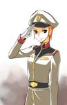  1girl blue_eyes female gundam hat matilda_ajan military military_uniform mobile_suit_gundam mytyl red_hair salute solo uniform 