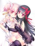  akemi_homura akuma_homura bangs bare_shoulders black_gloves black_hair black_legwear blush commentary elbow_gloves eyebrows_visible_through_hair gloves hair_between_eyes hair_ribbon kaname_madoka long_hair looking_at_viewer mahou_shoujo_madoka_magica mahou_shoujo_madoka_magica_movie multiple_girls panties pink_eyes pink_hair red_eyes ribbon short_hair simple_background skf smile thighhighs twintails underwear white_gloves yuri 