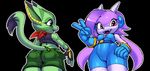  carol clothing dragon duo female fingerless_gloves freedom_planet gloves green_eyes horn lilac looking_at_viewer pink_eyes shorts unknown_artist 