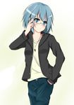  bad_id bad_pixiv_id bespectacled blue_eyes blue_hair casual glasses hand_in_pocket highres hood hoodie jacket jewelry mahou_shoujo_madoka_magica miki_sayaka necklace pants shiina_kuro short_hair simple_background solo white_background 