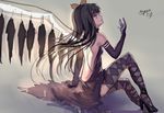  akemi_homura akuma_homura argyle argyle_legwear bare_back bare_shoulders black_gloves black_hair black_wings bow choker dated dress elbow_gloves feathered_wings gloves grey_background hair_bow high_heels highres long_hair mahou_shoujo_madoka_magica mahou_shoujo_madoka_magica_movie myero profile purple_eyes signature solo spoilers thighhighs wings zettai_ryouiki 