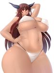  1girl aki-san_94 bikini breasts brown_hair cameltoe demon_girl erect_nipples female hand_behind_head highres horns huge_breasts long_hair mole navel open_mouth original plump pointy_ears red_eyes simple_background solo standing string_bikini swimsuit white_background white_bikini white_swimsuit wide_hips 