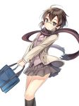  asada_shino bag brown_eyes brown_hair glasses jacket scarf school_bag shitou_(1992116210) short_twintails simple_background skirt solo sword_art_online twintails vest white_background 