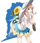  bad_id bad_pixiv_id brown_hair cloud day fang flower frilled_skirt frills hat hitotose_hirune long_hair looking_at_viewer open_mouth original sandals_removed skirt sky solo sun_hat sunflower yellow_eyes 