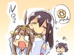  3girls ahoge akagi_(kantai_collection) bad_id bad_pixiv_id black_hair brown_hair commentary_request crying crying_with_eyes_open doughnut eating eating_hair engiyoshi food hair_bun hair_ornament hairband kaga_(kantai_collection) kantai_collection kongou_(kantai_collection) long_hair multiple_girls open_mouth pon_de_ring side_ponytail spoken_object surprised sweat tears upright_ahoge 