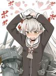  amatsukaze_(kantai_collection) arms_up beige_scarf blush brown_eyes embarrassed hair_between_eyes hair_tubes hands_on_headwear heart kantai_collection lifebuoy long_hair open_mouth rensouhou-kun scarf school_uniform silver_hair steam tears two_side_up wavy_mouth youkan 